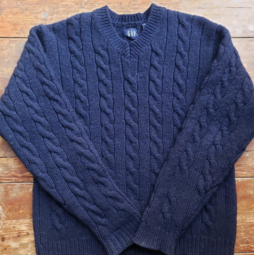 GAP Vintage 100% Wool Cable Knit Pullover Sweater Jumper Navy Size M